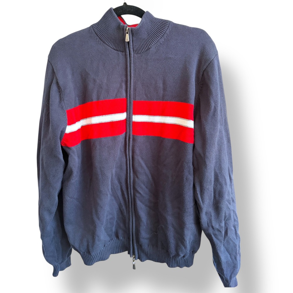 Brooks Brothers ProSport Zip Up Sweater‎ Jacket Navy Red Stripe Men's L Cotton